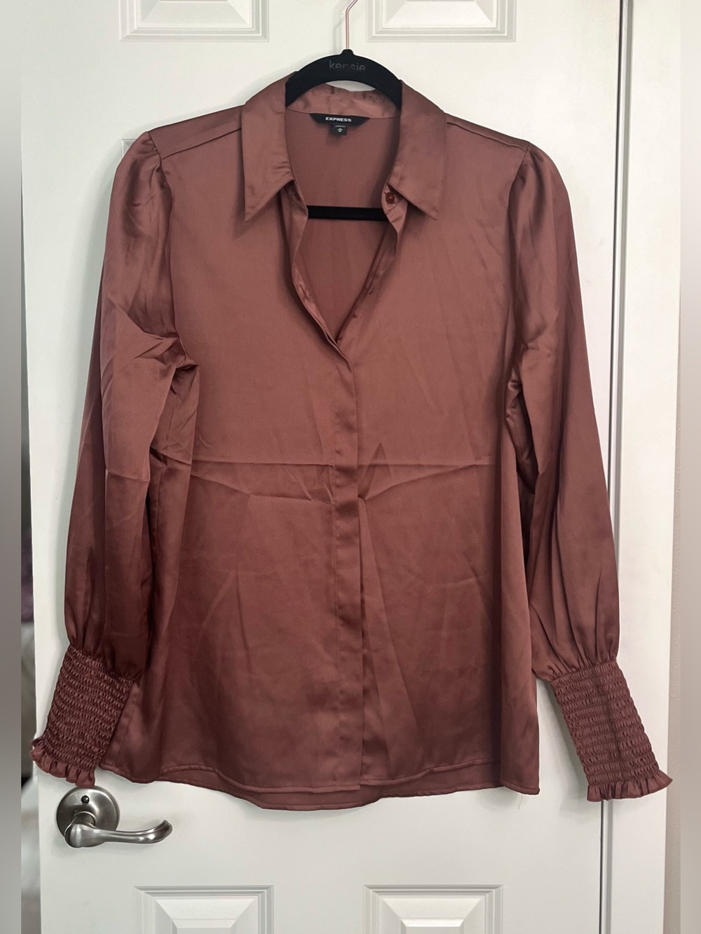 Express Satin Long-Sleeve Button-Up Blouse